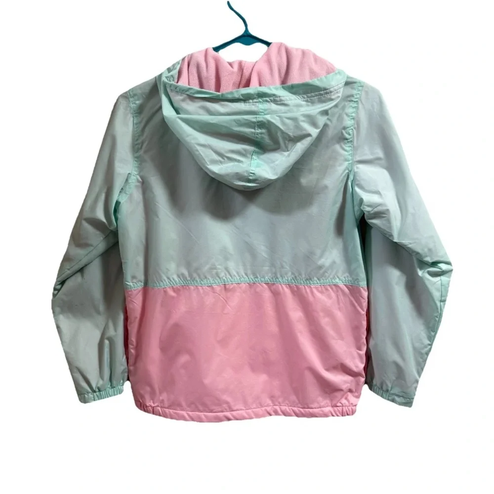 Girls Columbia Fleece Lined Hooded Windbreaker Jacket Sz 10-12 Pink Green Spring